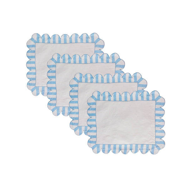 Jardin Embroidered Linen - Scalloped Stripe Placemats Blue (Set of 4)