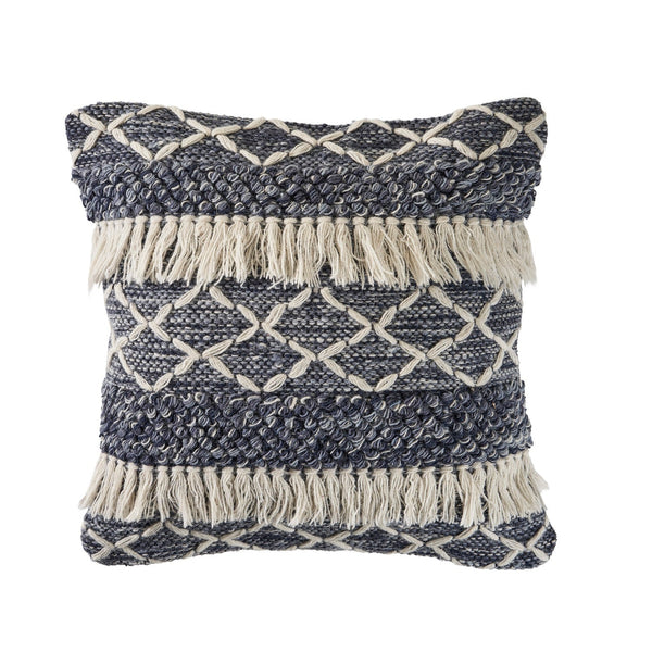 Navy and Ivory Textured with Fringe Throw Pillow  Square