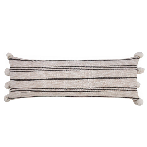 Modern Farmhouse Striped Lumbar Throw Pillow with Pom Poms  Rectangle