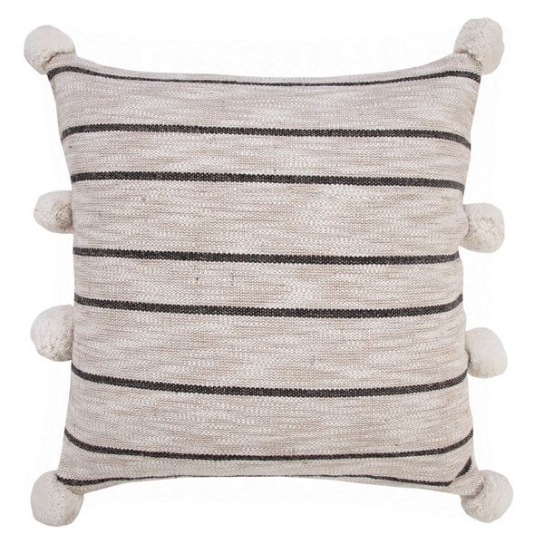 Modern Farmhouse Striped Throw Pillow with Pom Poms  Square